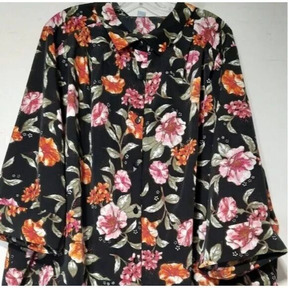 Only Necessities Shirt Ladies 3x Black Pink Floral Button Front 3/4 Sleeve - Picture 1 of 7